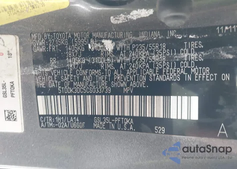 2012 Toyota Sienna Limited 7 Passenger from USA, damaged, VIN 5TDDK3DC5CS033739